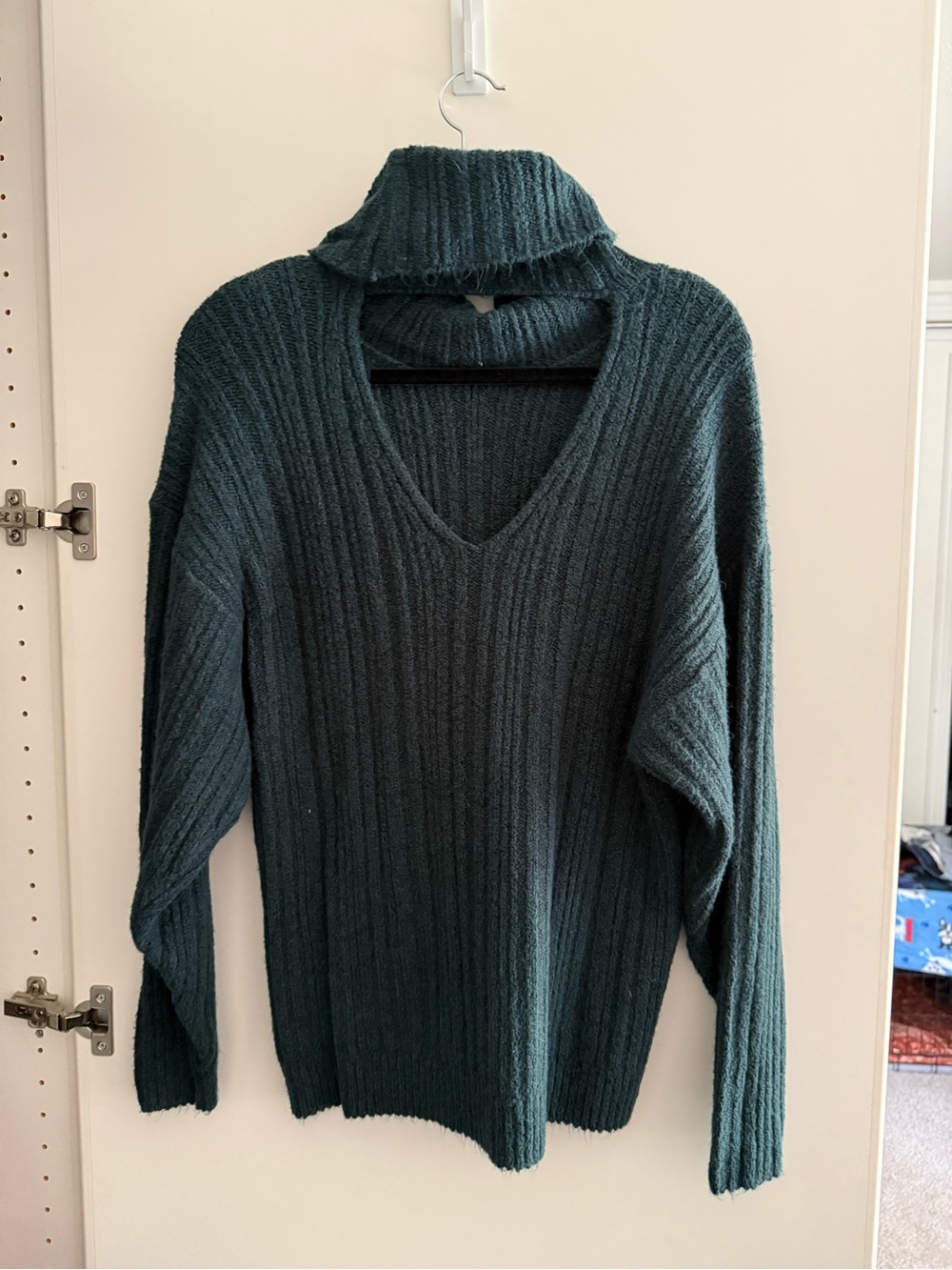 CAbi Deep Teal Ribbed V-Neck Sweater with Detachable Cowl